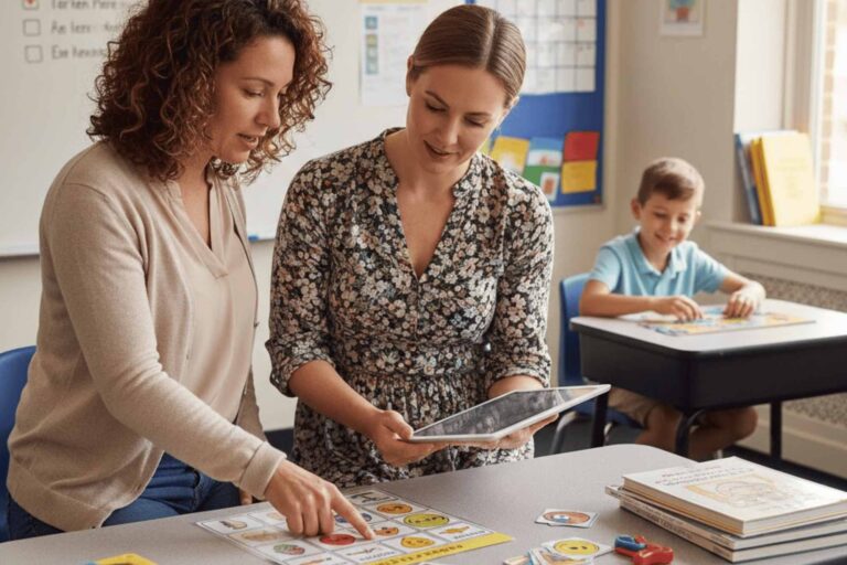 ABA therapy professional and teacher reviewing educational strategies, demonstrating effective collaborative behavior between the intervention and the school.