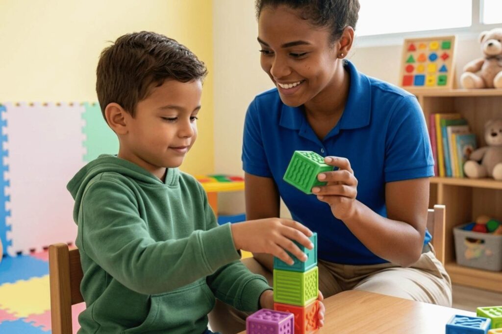Technician supporting a child with autism, representing Aba Therapy entry level jobs and practical experience in child development.