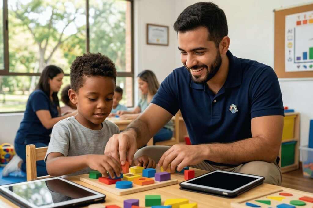 Behavioral technician working with a child, representing professional growth from Aba Therapy entry level jobs to BCBA certification.