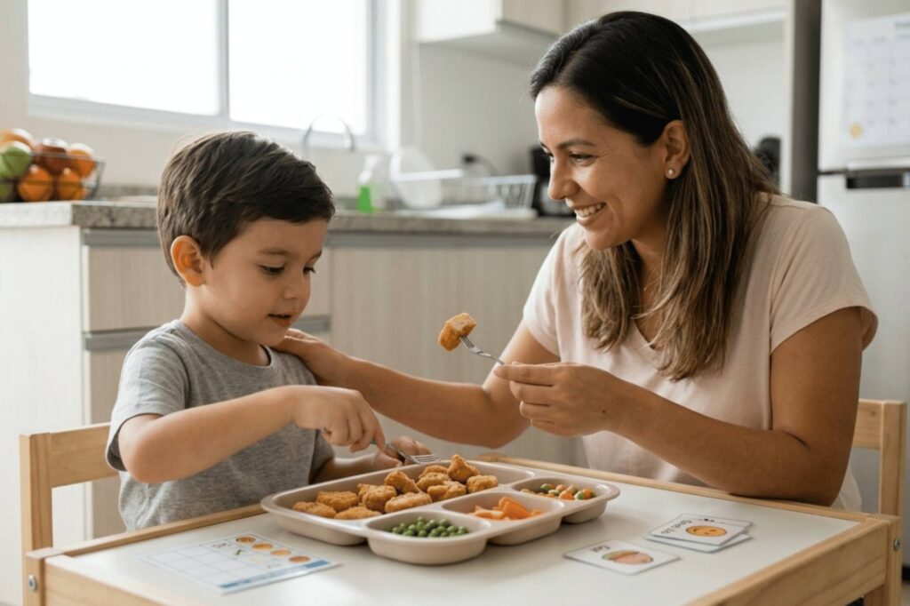 Mother offering her son small pieces of chicken as a snack, applying strategies to improve autism and eating habits at home.