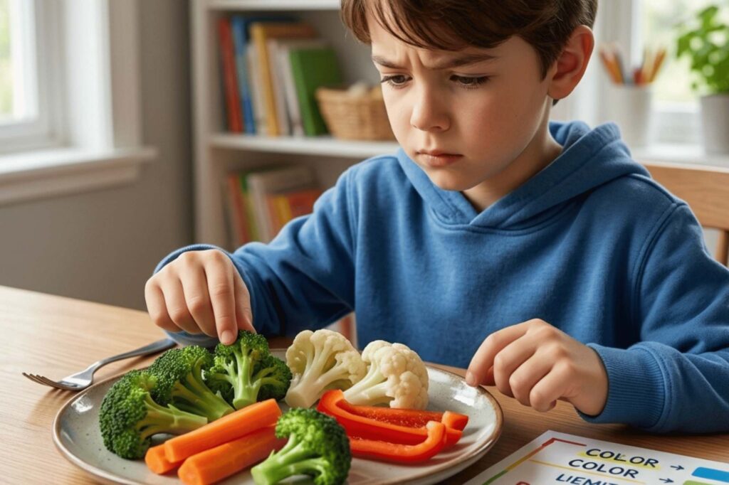 A child with ASD cautiously observing a plate of vegetables, illustrating the connection between autism and eating habits and the influence of sensory characteristics such as texture and color on food rejection.
