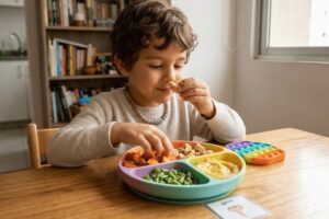 Child with TEA explore food on a separate platter, simbolizing autism and eating habits worked with sensory strategies at home