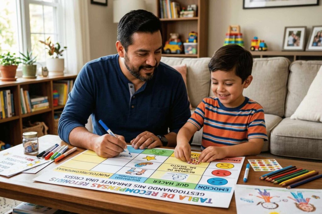 Father and son creating a reward chart together to learn how to manage emotions during a crisis, with images and clear goals.