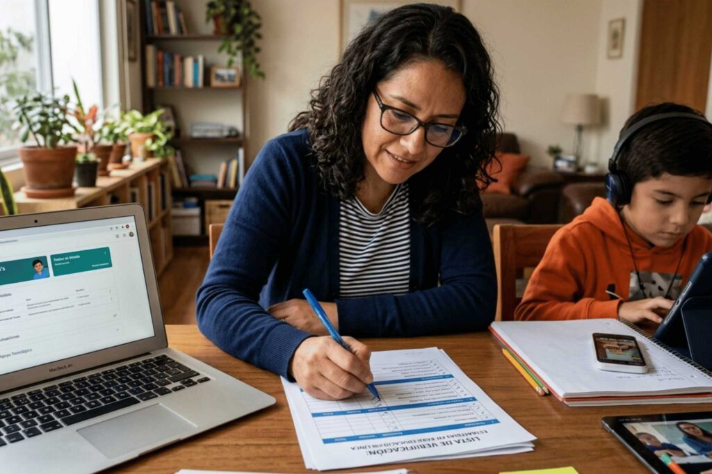 A mother reviewing IEP strategies on a checklist for online education