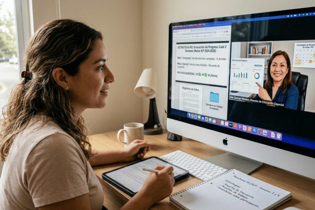 A mother and online teacher using IEP strategies to monitor IEP progress every two weeks in online classes
