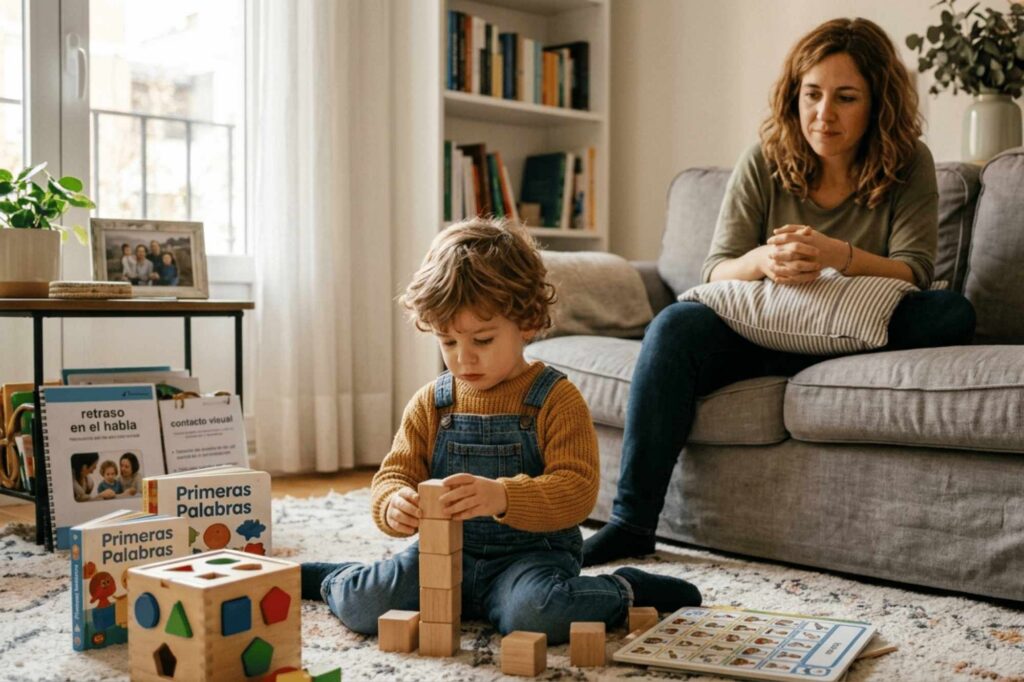 A 2-year-old boy with a lack of eye contact and speech delay, and his mother watching him from the couch, key signs for the early diagnosis of autism