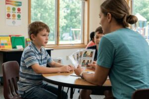 Child participating in autism social skills training during a summer program