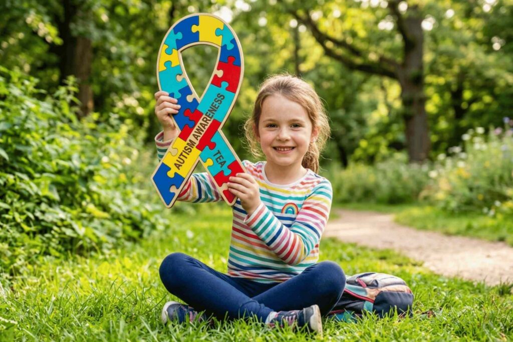 Smiling girl with autism holding up an autism puzzle, as a autism symbol