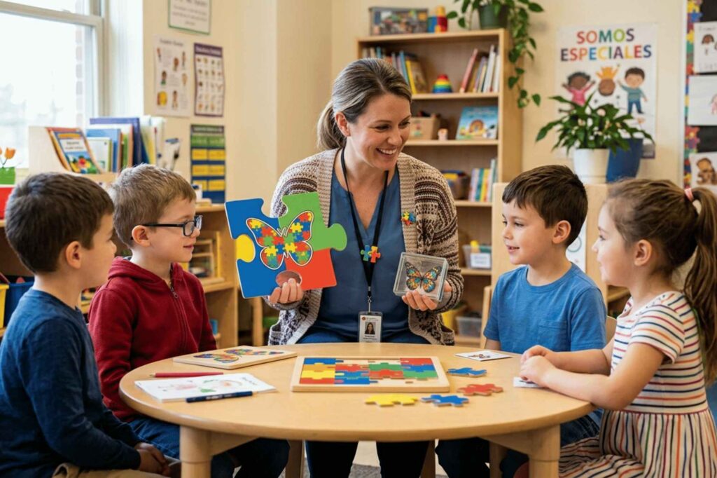 A teacher in a classroom shows children with ASD butterfly and a puzzle as a autism symbol