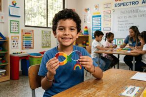 Child with the rainbow infinity autism symbol in a classroom setting