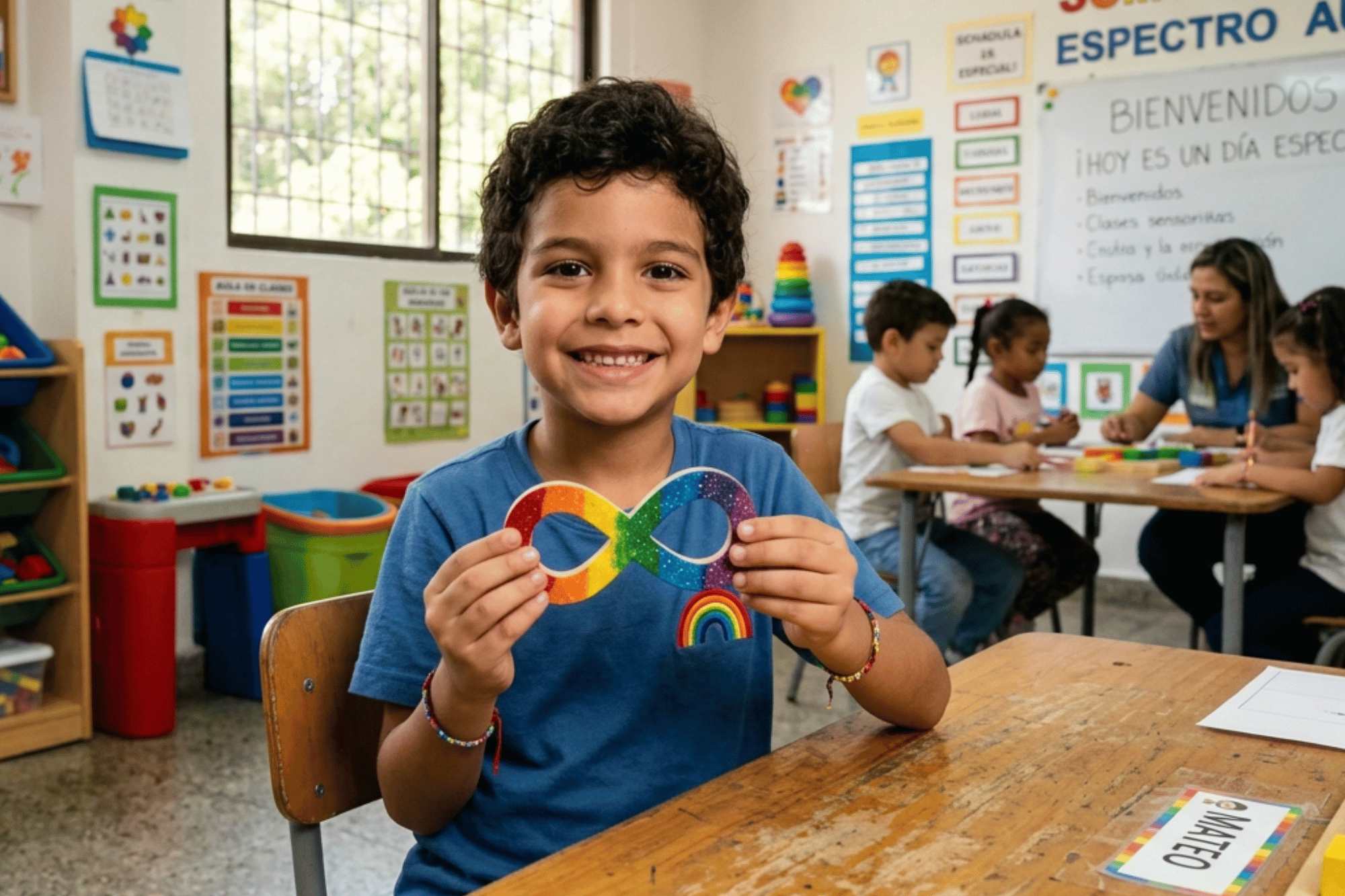 Child with the rainbow infinity autism symbol in a classroom setting