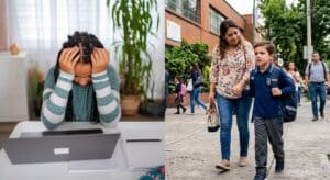 A worried child with school anxiety as his mother walks him to school - An online student with school anxiety