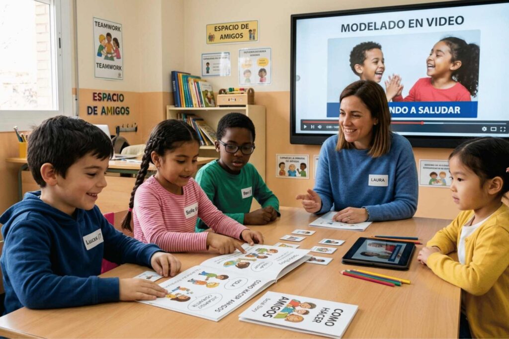Children practicing steps to build autism and friendship with tools such as social stories and video modeling