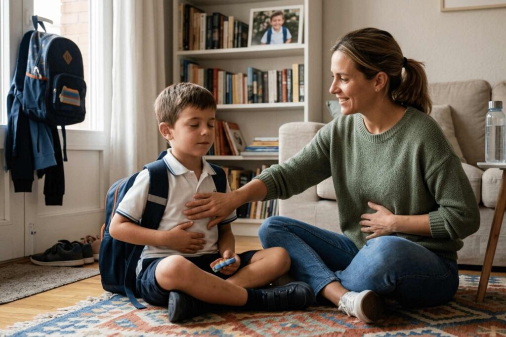 Child and mother practicing diaphragmatic breathing as a strategy to reduce school anxiety on returning to school