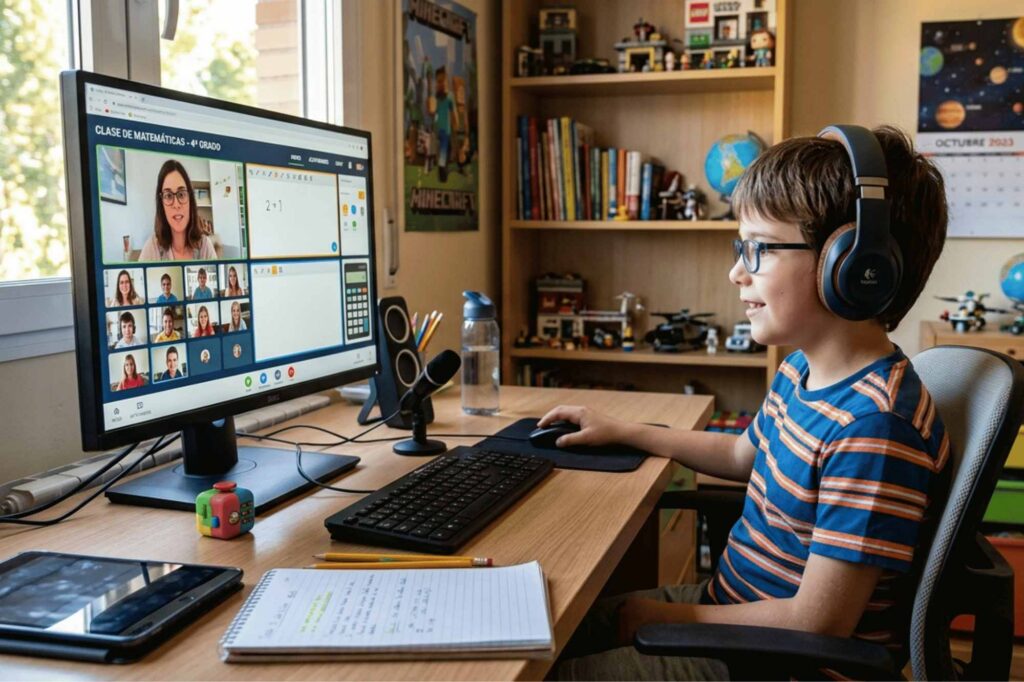 Child with special needs taking virtual classes at home to reduce school anxiety
